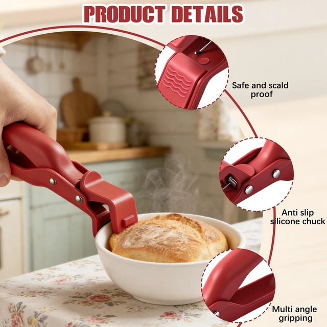 Alt view image 6 of 7 - Hot Plate Grippers - Thickened Anti-Scald Bowl Clip Tongs with Non-Slip Handle, Multi-Function Holder for Bowls, Pans, Dishes, Microwave Oven & Kitchen Cooking Utensils (Red, Green)