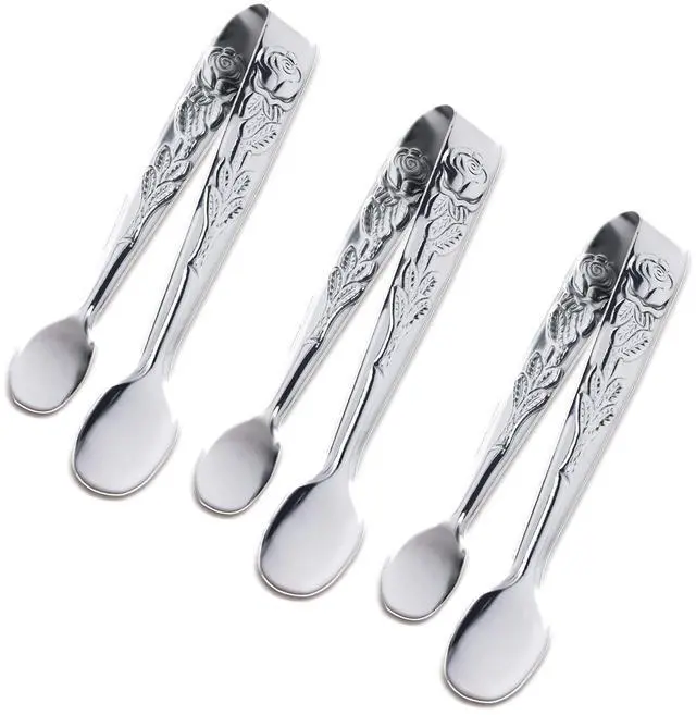 Main image of 3PCS Mini Serving Tongs, 4Inch Rose Stainless Steel Sugar Cube Tongs, Sliver Small Ice Tong for Tea and Coffee Party, Appetizers, Desserts by Sunenlyst (Silver)