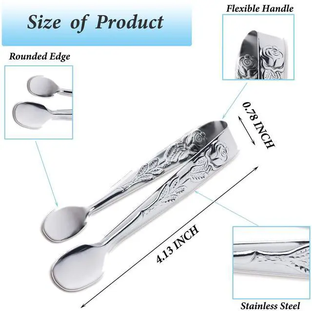 Alt view image 2 of 7 - 3PCS Mini Serving Tongs, 4Inch Rose Stainless Steel Sugar Cube Tongs, Sliver Small Ice Tong for Tea and Coffee Party, Appetizers, Desserts by Sunenlyst (Silver)