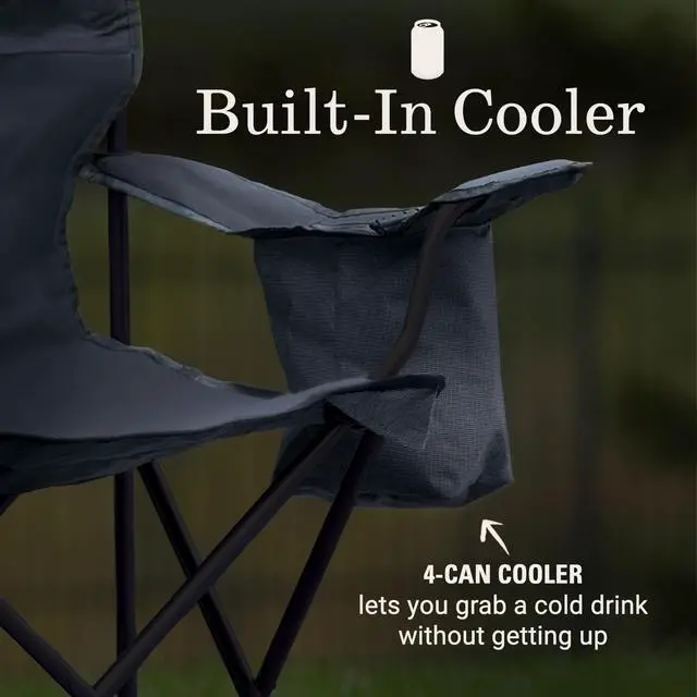 Alt view image 2 of 7 - Portable Camping Chair with 4-Can Cooler, Cushioned Seat & Back with Side Pockets & Cup Holder, Carry Bag Included, Great for Camping, Tailgating, Firepits, Patio, & More