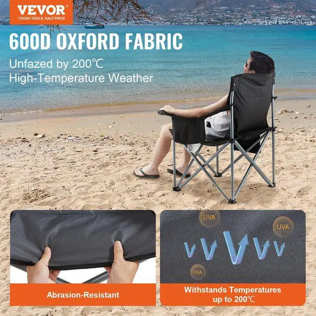Alt view image 2 of 7 - Oversized Camping Folding Chair, Portable Heavy Duty Outdoor Quad Lumbar Back Padded with Side Pockets, Cup Holder and Cooler Bag for Beach, Lawn, Picnic, Fishing, Backpacking, Black