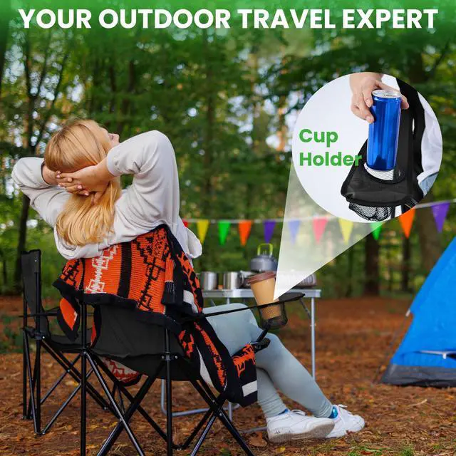 Alt view image 5 of 7 - 2 Pack Portable Camping Chairs Folding Lawn Chair Outdoor Lightweight Beach Chair with Cup Holder & Carry Bag for Outside Sports, Fishing, Hiking, Travel, Picnic, Backyard (Black-Dark)