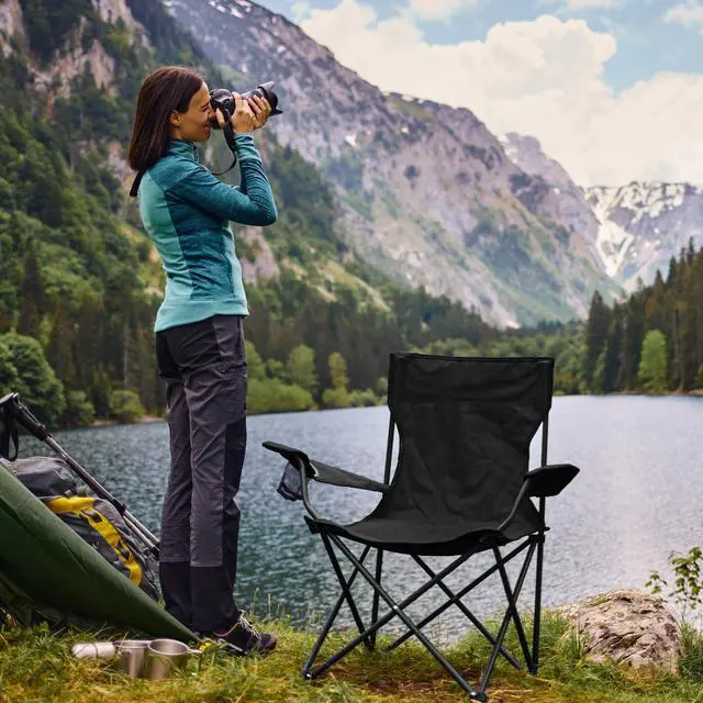 Alt view image 6 of 7 - 2 Pack Portable Camping Chairs Folding Lawn Chair Outdoor Lightweight Beach Chair with Cup Holder & Carry Bag for Outside Sports, Fishing, Hiking, Travel, Picnic, Backyard (Black-Dark)