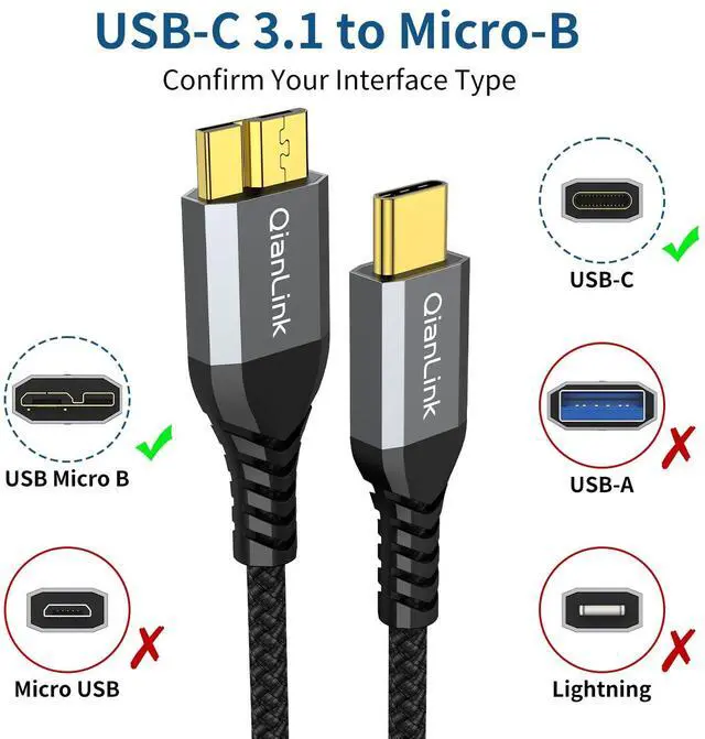 Alt view image 2 of 6 - 10Gbps Micro B to USB C Hard Drive Cable (3.3FT/1m) USB C to Micro B Cord, USB C to External Hard Drive Cable for Seagate WD Toshiba Westgate, MacBook Pro/Air, iPad Pro, Samsung, iPhone 15 16 Pro Max