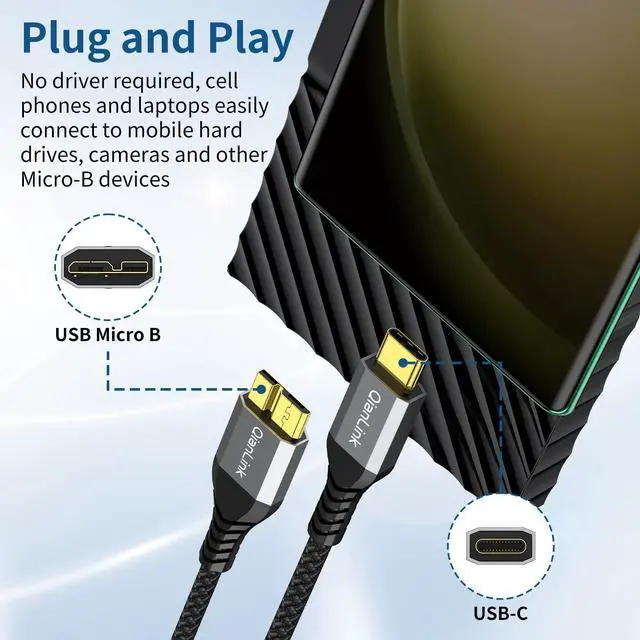 Alt view image 4 of 6 - 10Gbps Micro B to USB C Hard Drive Cable (3.3FT/1m) USB C to Micro B Cord, USB C to External Hard Drive Cable for Seagate WD Toshiba Westgate, MacBook Pro/Air, iPad Pro, Samsung, iPhone 15 16 Pro Max