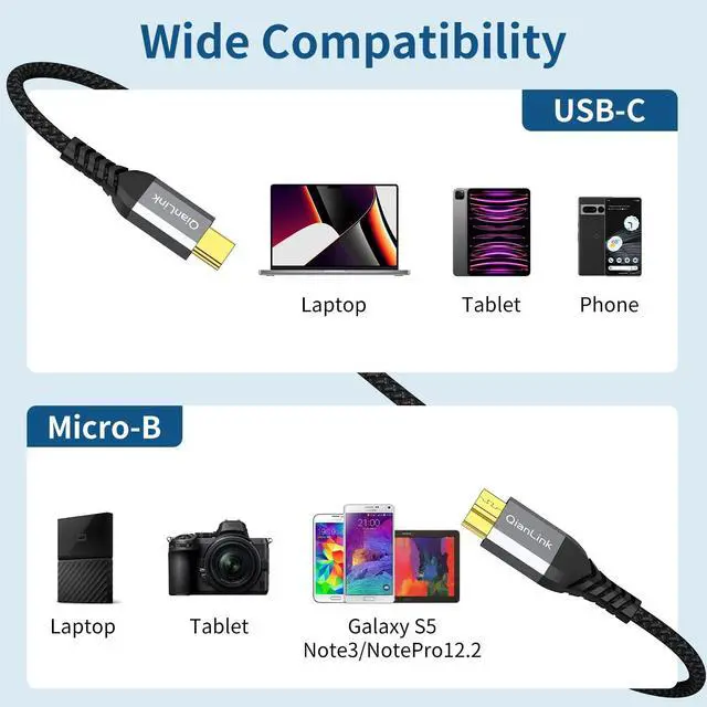 Alt view image 6 of 6 - 10Gbps Micro B to USB C Hard Drive Cable (3.3FT/1m) USB C to Micro B Cord, USB C to External Hard Drive Cable for Seagate WD Toshiba Westgate, MacBook Pro/Air, iPad Pro, Samsung, iPhone 15 16 Pro Max