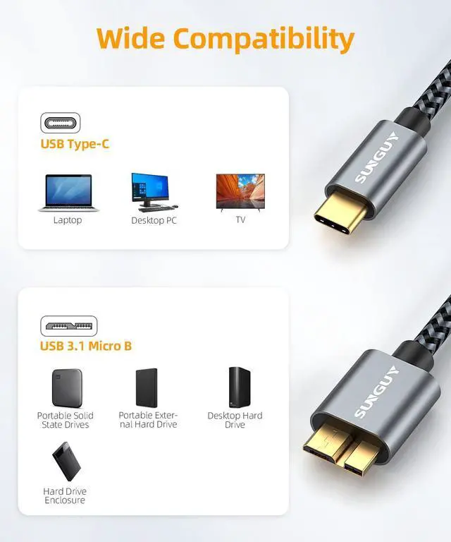 Alt view image 4 of 7 - 10Gbps Micro B to USB C Hard Drive Cable 1.5FT, USB 3.1 USB C to Micro B, High-Speed External Hard Drive USB C Cable for iPhone 16/15 Series, MacBook Pro/Air, iPad, WD Toshiba Westgate Seagate