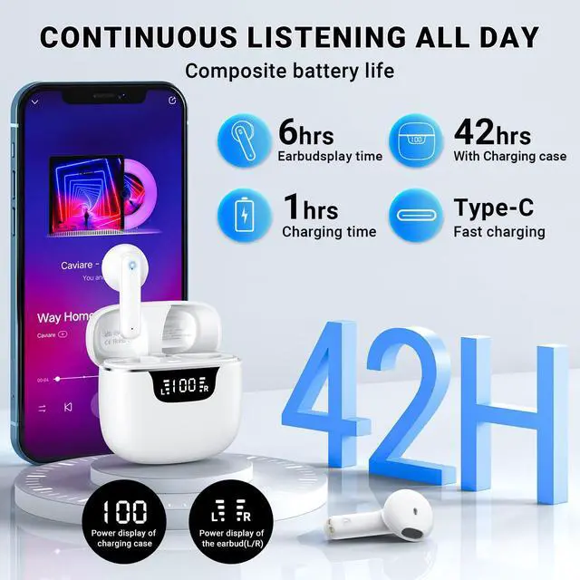Alt view image 4 of 7 - Wireless Earbuds, Bluetooth 5.4 Headphones with 42H Ultralight Ear Buds,Bluetooth Earbuds with 4 ENC Noise Cancelling Mics, HiFi Deep Bass Dual LED Display USB-C, Waterproof Earphones for Android iOS