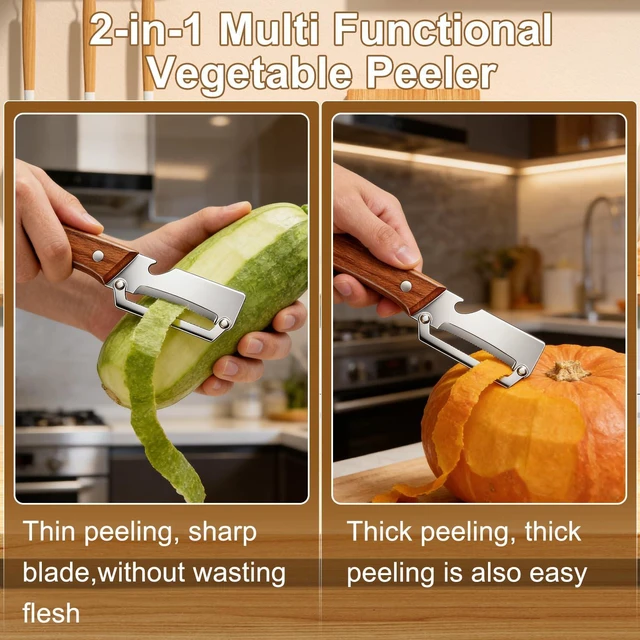 Alt view image 3 of 7 - Multi-Functional Vegetable Peeler for Kitchen, 2 in 1 Stainless Steel Vegetable Peeler with Wooden Handle and Bottle Opener,Kitchen Tool for Fruit Apple Potato Carrot Pumpkin Papaya (2pcs)