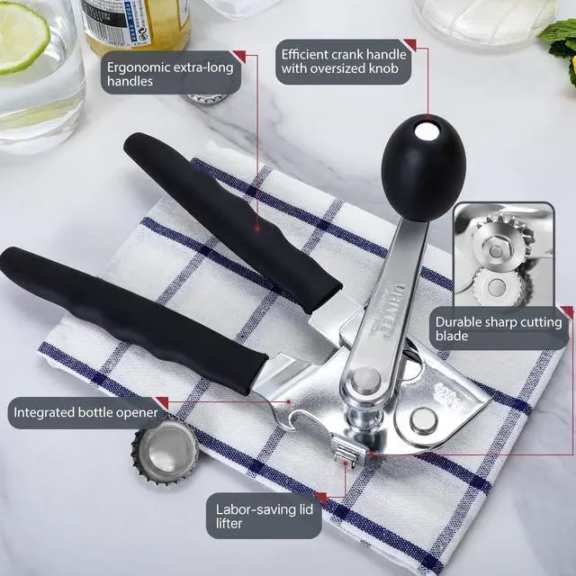 Alt view image 2 of 7 - Commercial Can Opener, Hand Crank Can Opener Manual Heavy Duty with Comfortable Extra-long Handles, Oversized Knob, Large Handheld Can Open Easy for Big Cans, Black