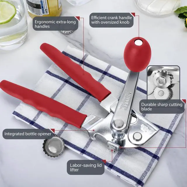 Alt view image 2 of 7 - Commercial Can Opener, Hand Crank Can Opener Manual Heavy Duty with Comfortable Extra-long Handles, Oversized Knob, Large Handheld Can Open Easy for Big Cans, Red