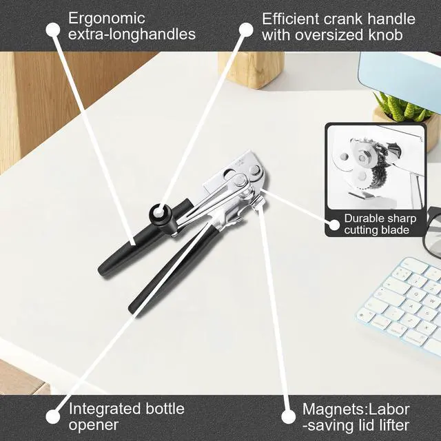 Alt view image 7 of 7 - Commercial Can Opener Manual, Heavy Duty Can opener with Magnet, Stainless Steel Handheld Can Opener with Folding Easy Crank Handle Oversized Knob for Big Cans and All Size Cans