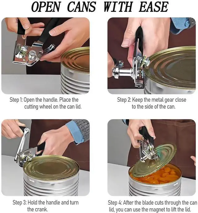 Alt view image 5 of 7 - Commercial Can Opener Manual, Heavy Duty Can opener with Magnet, Stainless Steel Handheld Can Opener with Folding Easy Crank Handle Oversized Knob for Big Cans and All Size Cans