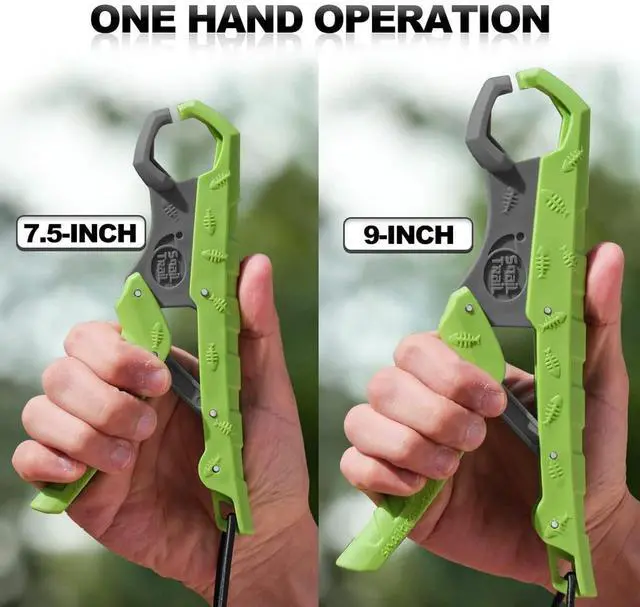 Alt view image 4 of 7 - 7.5''/9'' Floating Fish Gripper, Fishing Grabber, Catfish Mouth Pliers, Caught Bass Holder, Digital Scale Hook Clamp, Saltwater Lip Grip Tool with Lanyard, Gifts for Men, Green-Gray