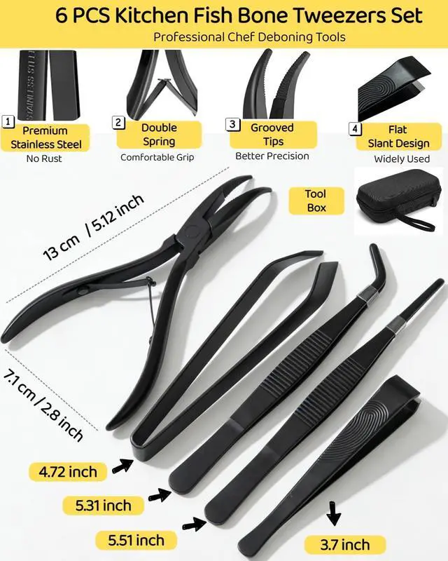 Alt view image 5 of 6 - 6 PCS Fish Bone Tweezers Set, Stainless Steel Fish Bone Pliers, Kitchen Fish Pin Deboner Tools, Professional Chef Deboning Tweezers, Flat Slant Bone Remover for Salmon, Trout