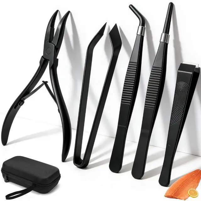 Main image of 6 PCS Fish Bone Tweezers Set, Stainless Steel Fish Bone Pliers, Kitchen Fish Pin Deboner Tools, Professional Chef Deboning Tweezers, Flat Slant Bone Remover for Salmon, Trout