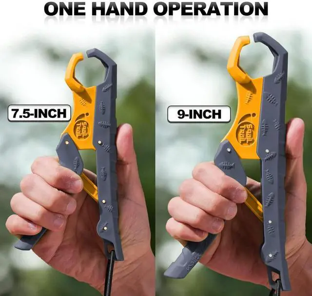 Alt view image 3 of 6 - 7.5''/9'' Floating Fish Gripper, Fishing Grabber, Catfish Mouth Pliers, Caught Bass Holder, Digital Scale Hook Clamp, Saltwater Lip Grip Tool with Lanyard, Gifts for Men, Gray-Yellow