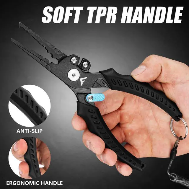 Alt view image 7 of 7 - 7-1/2 Inch Fishing Pliers, Safety Lock Design Fish Pliers Saltwater with TPR Handle, Stainless Steel Hook Remover with Braid Cutters, Sheath and Lanyard, Fishing Tool Gifts for Men