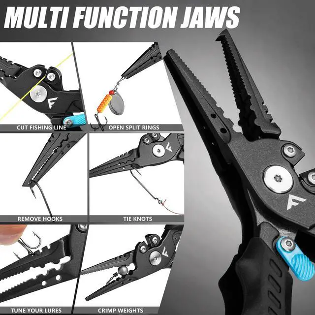 Alt view image 4 of 7 - 7-1/2 Inch Fishing Pliers, Safety Lock Design Fish Pliers Saltwater with TPR Handle, Stainless Steel Hook Remover with Braid Cutters, Sheath and Lanyard, Fishing Tool Gifts for Men