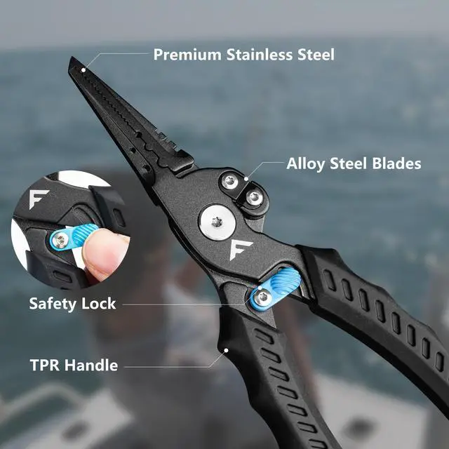 Alt view image 5 of 7 - 7-1/2 Inch Fishing Pliers, Safety Lock Design Fish Pliers Saltwater with TPR Handle, Stainless Steel Hook Remover with Braid Cutters, Sheath and Lanyard, Fishing Tool Gifts for Men