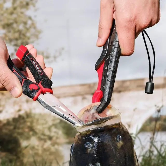 Alt view image 2 of 6 - 7.5" Floating Fish Gripper & 7" Fishing Pliers Kit, Fishing Grabber, Catfish Mouth Pliers, Caught Bass Holder, Saltwater Lip Grip Tool with Lanyard, Hook Remover with Sheath
