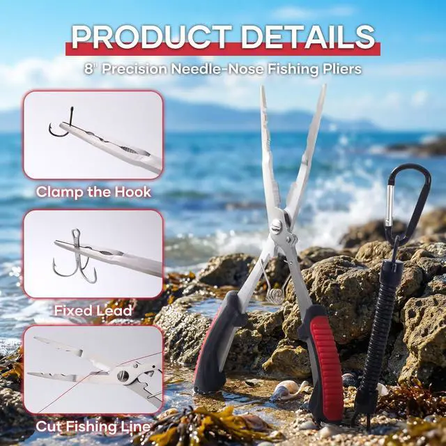 Alt view image 6 of 7 - Saltwater Fishing Pliers - Stainless Steel Needle Nose Pliers, Hook Remover & Line Cutter with Non-Slip Handle, Fishing Tool for Freshwater & Saltwater