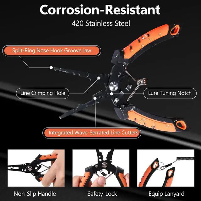 Alt view image 3 of 6 - 9pc & 10pc Professional Fishing Gear Tool Kit - Saltwater & Ice Fishing Tools Set - Corrosion Resistant Fishing Pliers Knife Scissors Gripper Kit with Fishing Gear Carrying Case