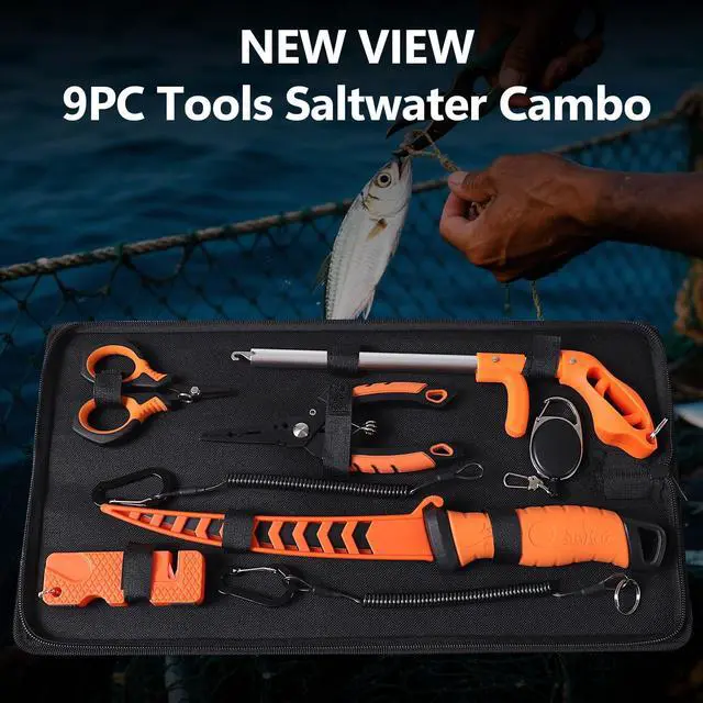 Alt view image 2 of 6 - 9pc & 10pc Professional Fishing Gear Tool Kit - Saltwater & Ice Fishing Tools Set - Corrosion Resistant Fishing Pliers Knife Scissors Gripper Kit with Fishing Gear Carrying Case