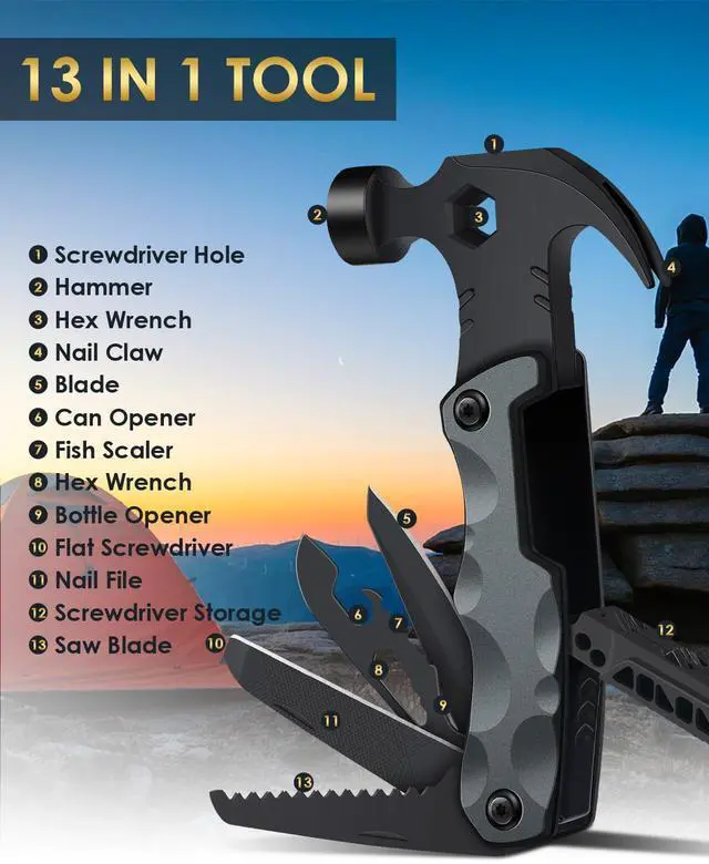 Alt view image 3 of 7 - Fathers Day Dad Gifts from Daughter Son Wife, 13 in 1 Hammer Multitool, Cool Camping Accessories Survival Tools, Unique Birthday Present Ideas Gifts for Men, Husband, Grandpa, Step Dad, Him