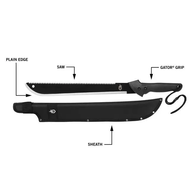 Alt view image 2 of 7 - Gear Gator Machete 25" / 18" with Saw and Plain Edge Blade for Camping, Hunting, Gardening and Bushcraft, Includes a Gator Grip and Protective Sheath, Stainless Steel Blade