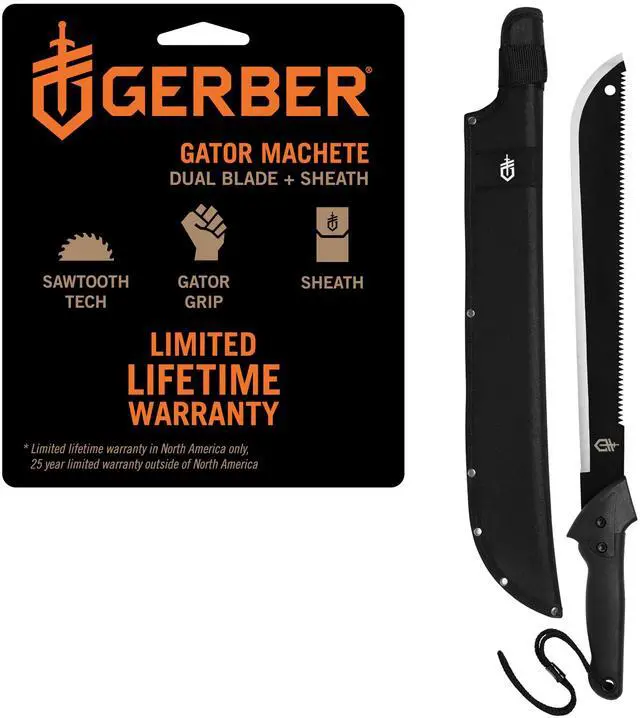 Main image of Gear Gator Machete 25" / 18" with Saw and Plain Edge Blade for Camping, Hunting, Gardening and Bushcraft, Includes a Gator Grip and Protective Sheath, Stainless Steel Blade