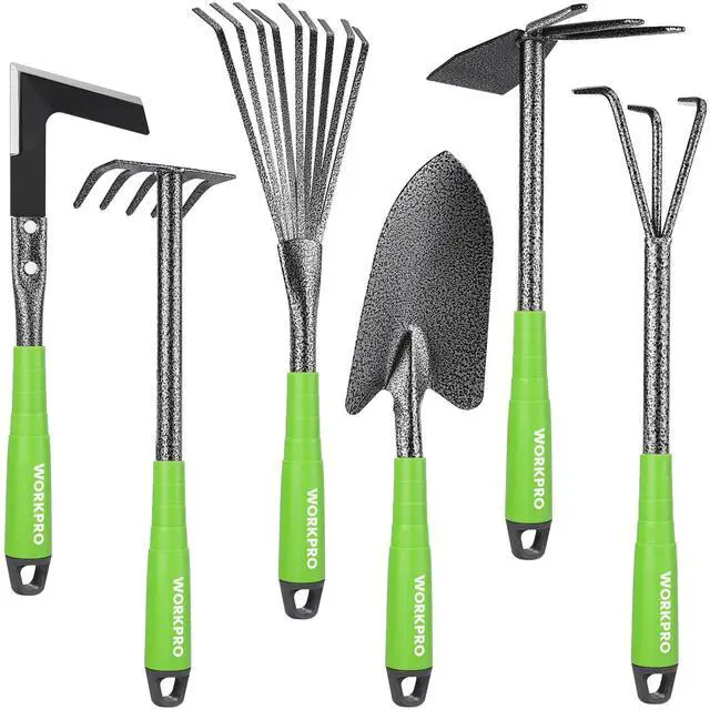 Main image of 6-Piece Garden Tool Set | Heavy Duty Gardening Hand Tools with Soft Rubber Handle, Including Trowel, Rakes, 2-in-1 Hoe and Crack Weeder