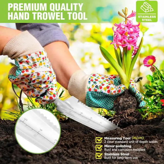 Alt view image 6 of 7 - Garden Trowel with Wood Handle, Stainless Steel Narrow Hand Shovel | Multi-Use Flat Garden Trowel for Planting, Weeding, Transplanting, Digging, Small Weeding knife for Gardening