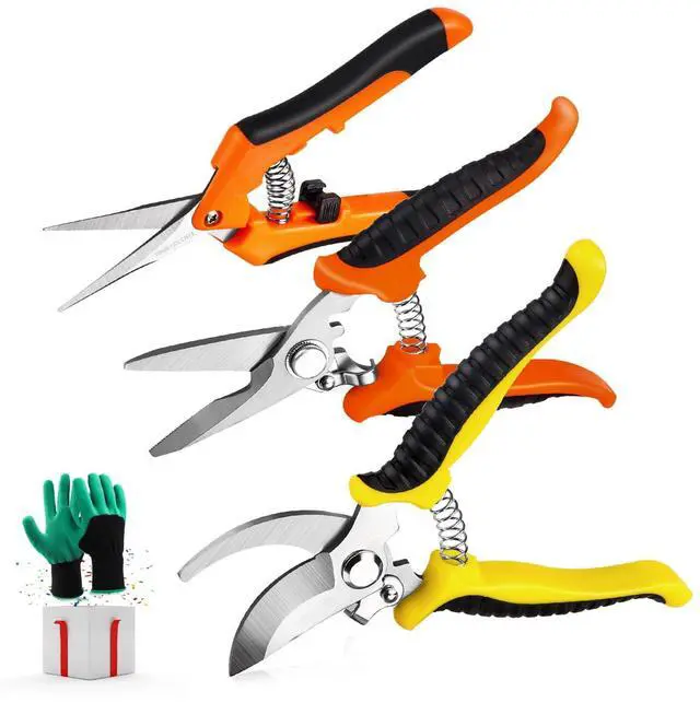 Main image of 3 Pack Garden Pruning Shears Stainless Steel Blades Handheld Pruners Set with Gardening Gloves
