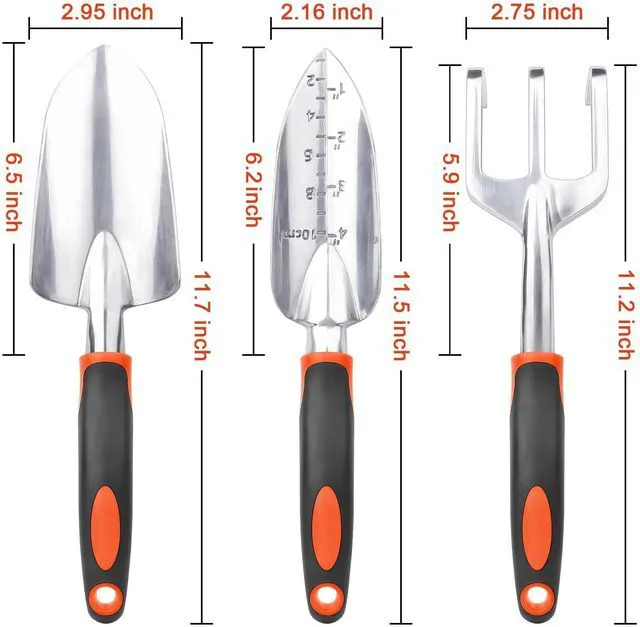 Alt view image 2 of 7 - Garden Tools Set, 3 Pack Heavy Duty Gardening Tools Set Include Garden Shovel, Transplant Trowel and Hand Rake with Ergonomic Handle, Aluminum Alloy Lawn for Planting, Orange