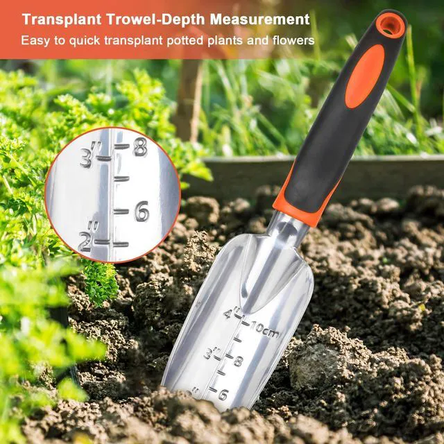 Alt view image 5 of 7 - Garden Tools Set, 3 Pack Heavy Duty Gardening Tools Set Include Garden Shovel, Transplant Trowel and Hand Rake with Ergonomic Handle, Aluminum Alloy Lawn for Planting, Orange