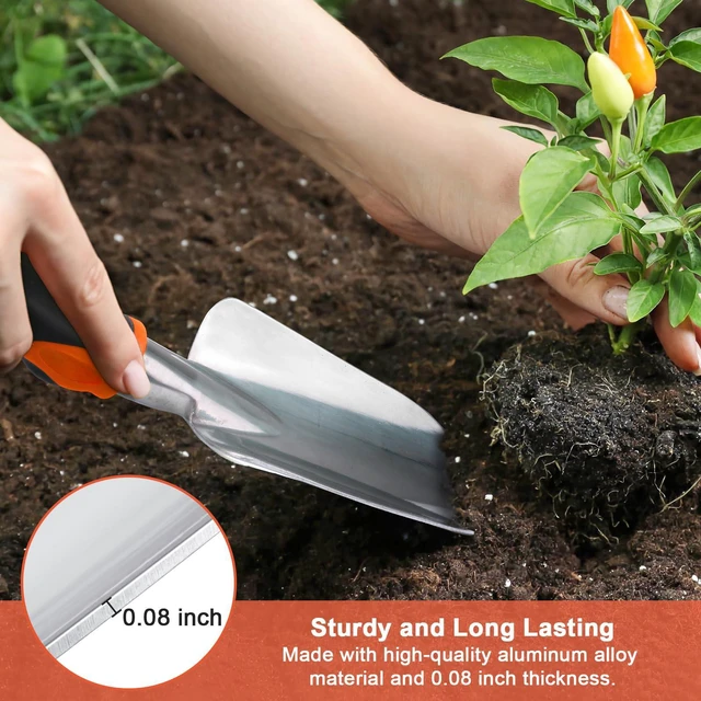 Alt view image 4 of 7 - Garden Tools Set, 3 Pack Heavy Duty Gardening Tools Set Include Garden Shovel, Transplant Trowel and Hand Rake with Ergonomic Handle, Aluminum Alloy Lawn for Planting, Orange