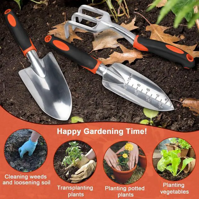 Alt view image 7 of 7 - Garden Tools Set, 3 Pack Heavy Duty Gardening Tools Set Include Garden Shovel, Transplant Trowel and Hand Rake with Ergonomic Handle, Aluminum Alloy Lawn for Planting, Orange