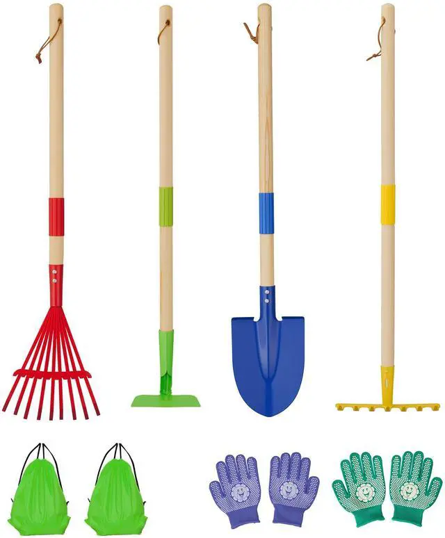 Main image of 4-Piece Garden Tool Set with Shovel, Rake, Hoe, Leaf Rake - 2 Pairs of Gloves & 2 Storage Bags, Wooden Gardening Tools for Yard & Lawn Care