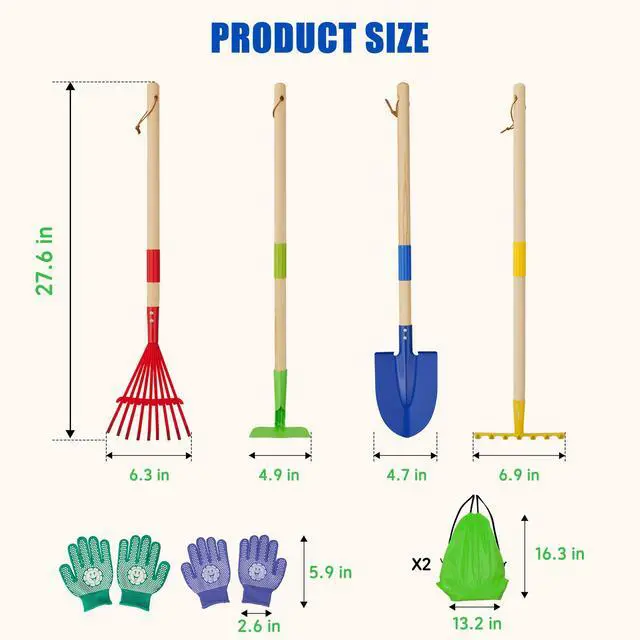 Alt view image 2 of 7 - 4-Piece Garden Tool Set with Shovel, Rake, Hoe, Leaf Rake - 2 Pairs of Gloves & 2 Storage Bags, Wooden Gardening Tools for Yard & Lawn Care