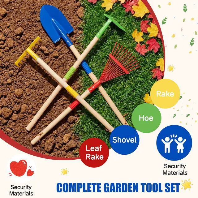 Alt view image 4 of 7 - 4-Piece Garden Tool Set with Shovel, Rake, Hoe, Leaf Rake - 2 Pairs of Gloves & 2 Storage Bags, Wooden Gardening Tools for Yard & Lawn Care