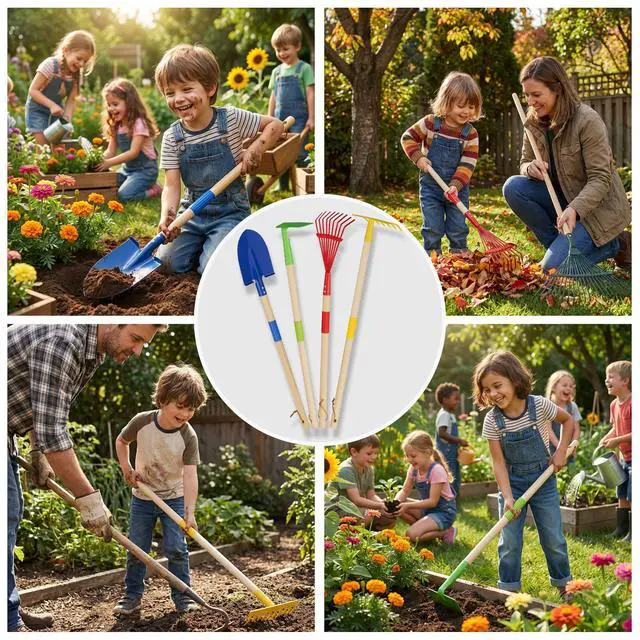 Alt view image 7 of 7 - 4-Piece Garden Tool Set with Shovel, Rake, Hoe, Leaf Rake - 2 Pairs of Gloves & 2 Storage Bags, Wooden Gardening Tools for Yard & Lawn Care
