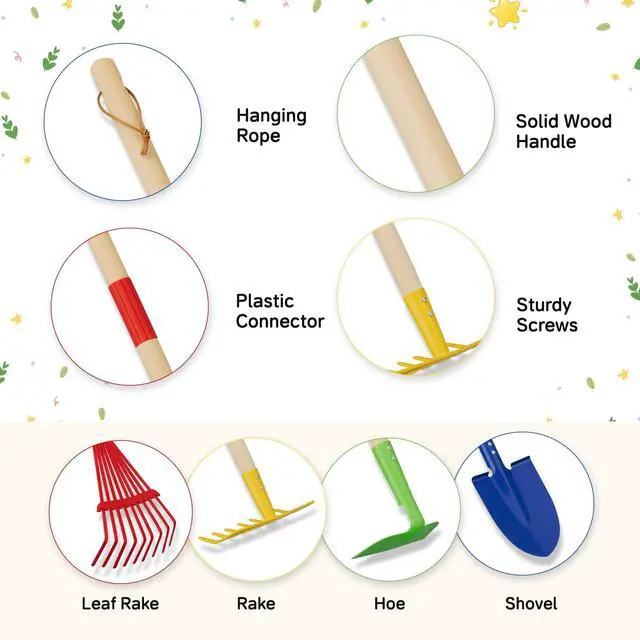 Alt view image 5 of 7 - 4-Piece Garden Tool Set with Shovel, Rake, Hoe, Leaf Rake - 2 Pairs of Gloves & 2 Storage Bags, Wooden Gardening Tools for Yard & Lawn Care