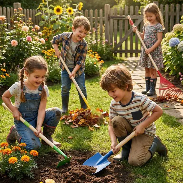 Alt view image 3 of 7 - 4-Piece Garden Tool Set with Shovel, Rake, Hoe, Leaf Rake - 2 Pairs of Gloves & 2 Storage Bags, Wooden Gardening Tools for Yard & Lawn Care