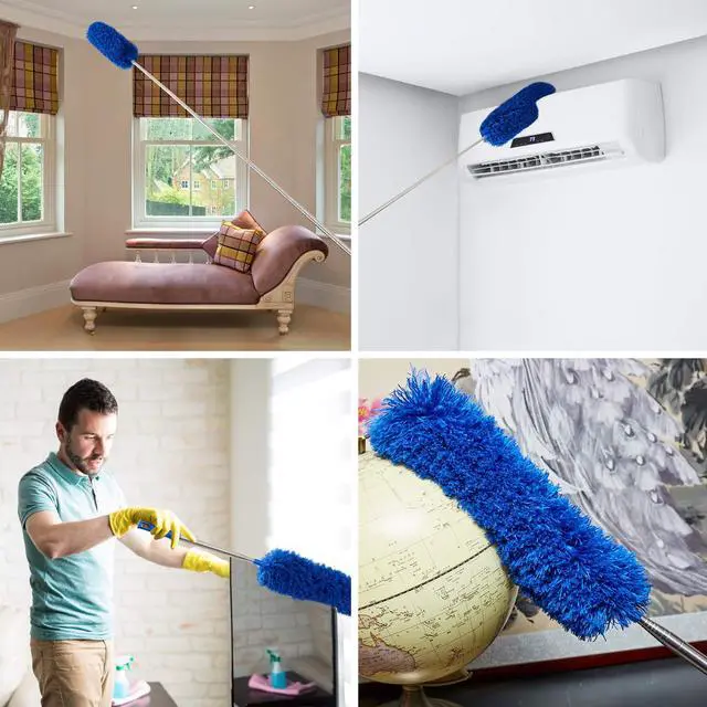Alt view image 4 of 7 - Cobweb Duster with Extension Pole, Washable Cleaning Duster Kit with 2 Duster Heads, Cobweb Duster, Corner Brush, Aluminum Telescoping Pole for Ceiling Fan (Blue)