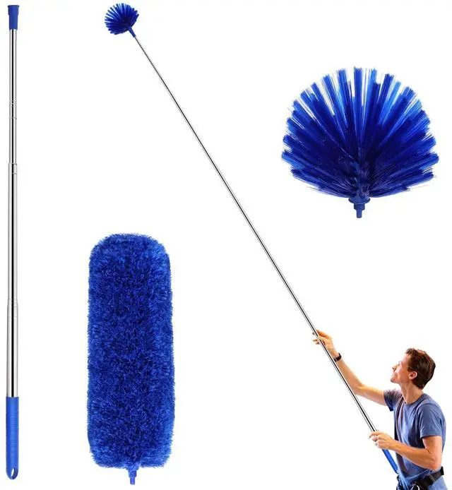 Main image of Cobweb Duster with Extension Pole, Washable Cleaning Duster Kit with 2 Duster Heads, Cobweb Duster, Corner Brush, Aluminum Telescoping Pole for Ceiling Fan (Blue)