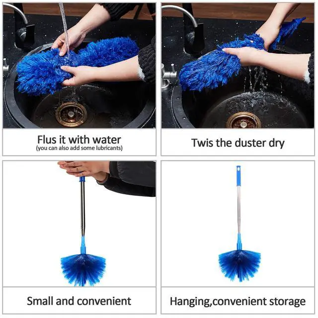 Alt view image 6 of 7 - Cobweb Duster with Extension Pole, Washable Cleaning Duster Kit with 2 Duster Heads, Cobweb Duster, Corner Brush, Aluminum Telescoping Pole for Ceiling Fan (Blue)