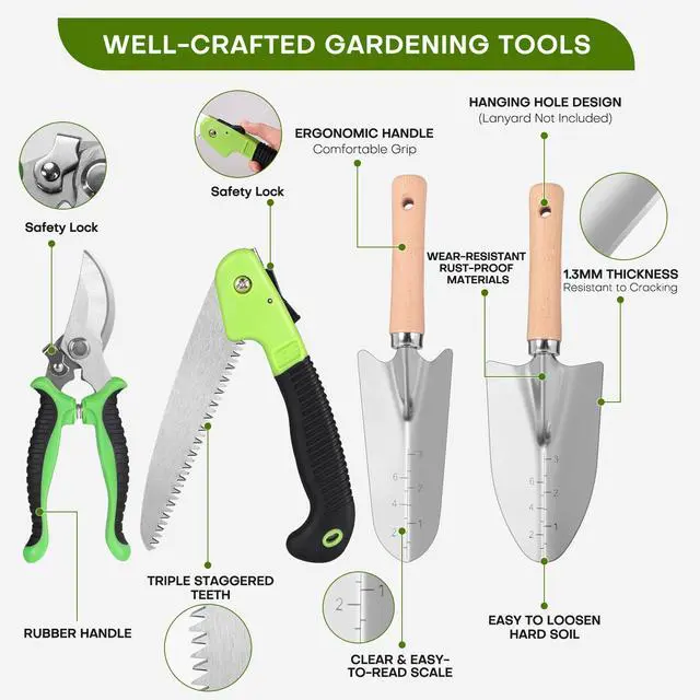 Alt view image 2 of 7 - 62-Piece Heavy-Duty Garden Tool Set, Complete Garden Tool Kit with Stainless Steel Shovel, Repotting Mat, Pruning Shear&Durable Gardening Tool Bag, Gardening Gift SetIdeal Gift for Women/Men/Beginner