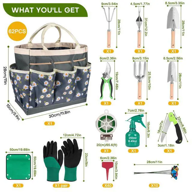 Alt view image 3 of 7 - 62-Piece Heavy-Duty Garden Tool Set, Complete Garden Tool Kit with Stainless Steel Shovel, Repotting Mat, Pruning Shear&Durable Gardening Tool Bag, Gardening Gift SetIdeal Gift for Women/Men/Beginner