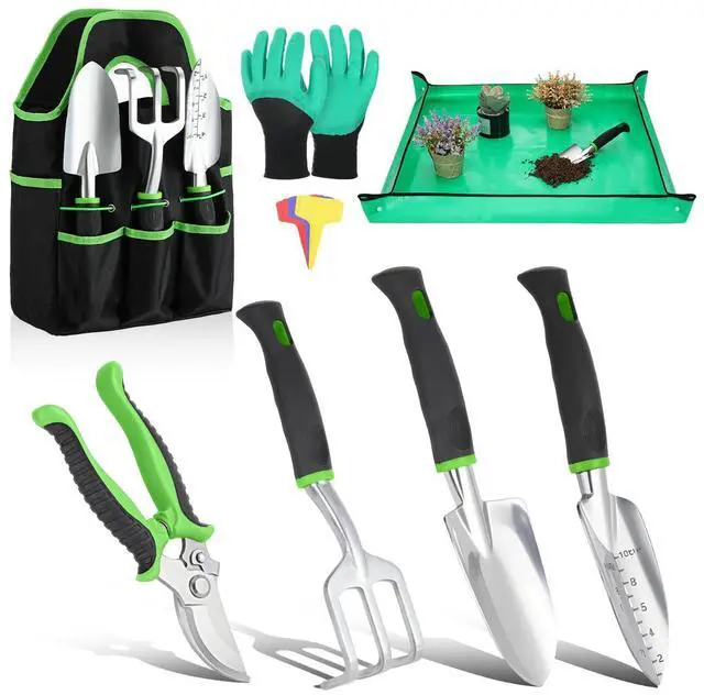 Main image of Gardening Tools Set, 8PCS Gardening Gifts for Women, Green | Heavy Duty Garden Tools with Non-Slip Rubber Grip with Large Garden Bag for Tools Aluminum Alloy Hand Tools for Gardening Men